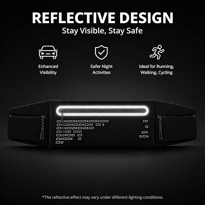 Running Belt Fanny Pack Men Women, Slim No-Bounce Waterproof Phone Holder | Adjustable Elastic Strap Fits 27-43" Hips, Detachable Race Bib Clips, Energy Gel & Sunglasses Loops, 3 IPX4 Pockets - Image 8