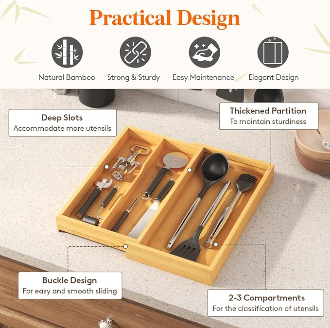 Lifewit Bamboo Utensil Organizer for Kitchen Drawer, Cooking Utensil Tray | Expandable Cutlery Silverware Flatware Holder, Wood Adjustable Spatula Tools Storage Divider, 8.9-15.8 x 15.75", Natural - Image 6
