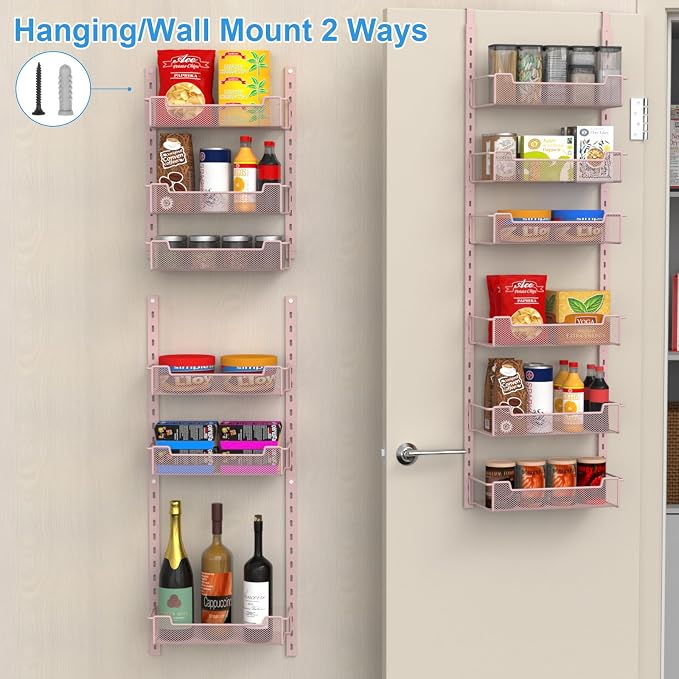 VyGrow 12.3" W Narrow Over the Door Pantry Organizer, 6-Tier Over the Door Organizer with Adjustable Basket, Pantry Door Organization for Pantry Kitchen Storage Room Spice Rack, Pink - Image 6