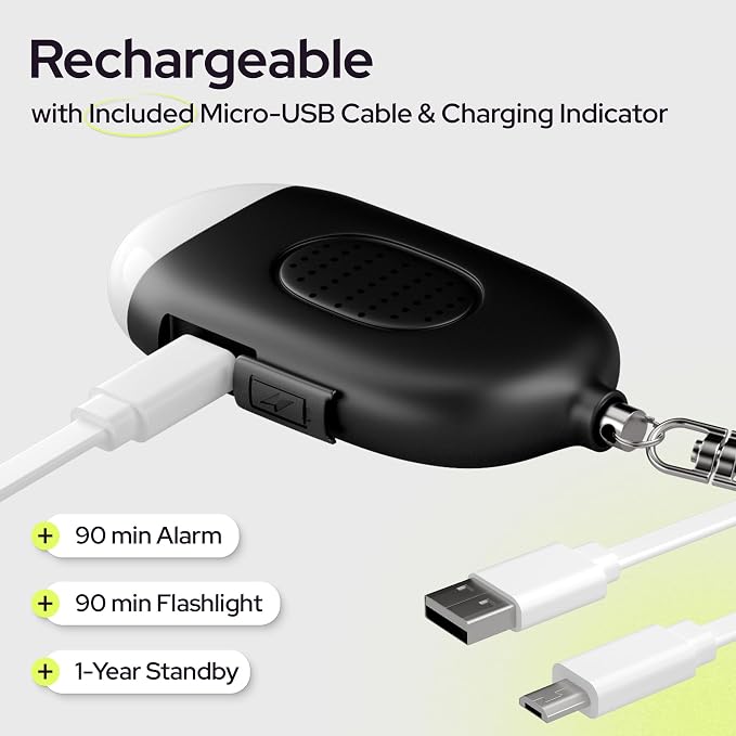 Rechargeable Personal Alarm Keychain for Women, 130dB Siren, Black | LED Light, Stylish Safety Alert for Women to Carry, Panic Button or Pin Activated Rape Whistle for Self Defense - Image 4