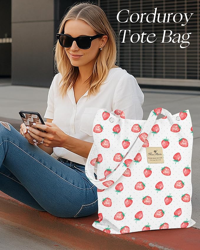 Miss Adola Corduroy Tote Bag for Women with Aesthetic Design | Magnetic Buckle & Pocket, Reusable, Soft, Roomy, Long Shoulder Handles, Double-sided Print, Casual Daily Work, Grocery Bags - Image 6