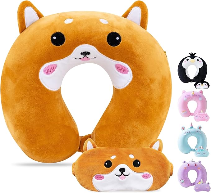 Cirorld Travel Pillow for Kids Adult Cute Neck Pillow for Traveling Memory Foam Airplane Pillow Sleep Mask Animal Flight Pillow Head Rest Neck Support for Cars Long Flights (Dog, 3-8 Y/O) by CIRORLD