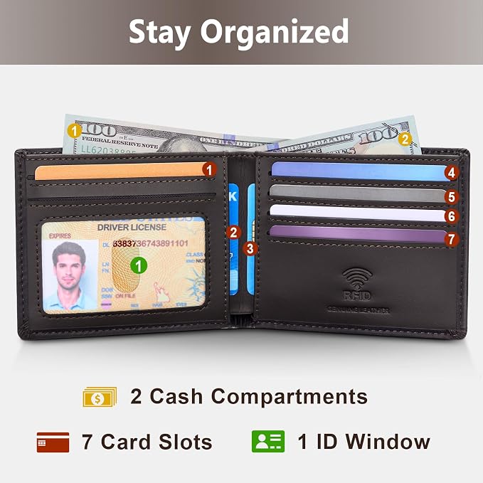 Travelambo Leather Wallet for Men, Slim Minimalist RFID Credit Card Holder | Mens Thin Bifold Pocket Wallet, Gift for Father, Coffee - Image 2