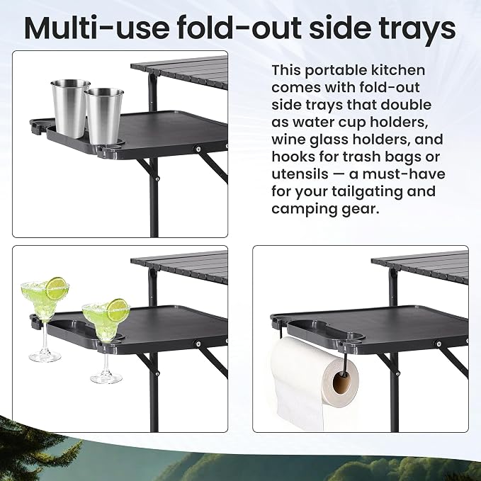Slim-Fold Camping Kitchen Table, Metal Folding Portable Outdoor Cook Station with 4 Side Tables, 2 Storage Shelves & Carrying Bag, Heat Resistant for Picnic BBQ,Upgraded Black - Image 3