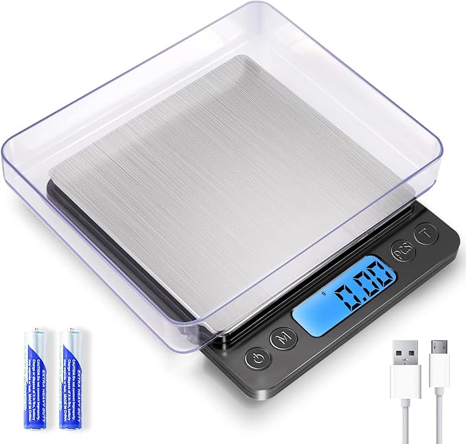 Small Digital Gram Scale 1000g by 0.01g, MEIYA High Accuracy Scale for Food Ounces and Grams, Upgrade USB Charging Kitchen Scale Digital Weight for Cooking, Baking, with Tare Function, 9 Units, 2 Tray by MEIYA
