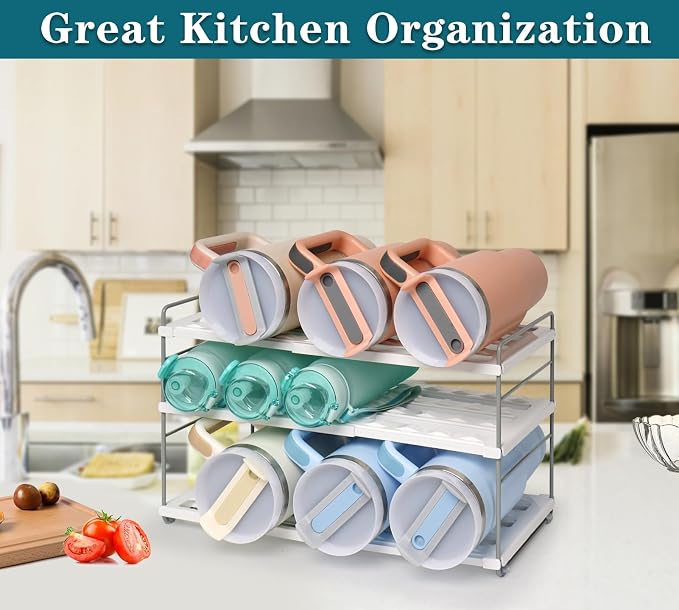 10.6-16.7" Adjustable Width Water Bottle Organizer for Cabinet, 3-Tier Expandable Water Bottle Holder Rack, Cup and Tumbler Storage for Kitchen Organization, Sports Flask, Insulated Travel Mug, Fridge - Image 7