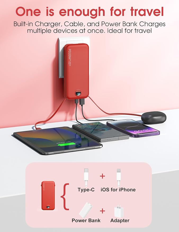 citicr Portable Charger 10000mAh PD20W w/Built-in Cables & Wall Plug Red | Fast charging, Built-in wall plug, LED display, Charge 5 devices at once, Pass through charging, TSA approved, Pocket size - Image 4