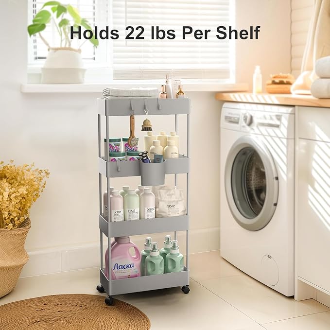 Pipishell 4 Tier Slim Storage Cart with Wheels, Laundry Cart, Gray | 7.1 Inches Wide – Fits Narrow Spaces, Storage Cup and 6 Hooks, Ventilation Holes, Durable ABS Material, Detachable Wheels - Image 4