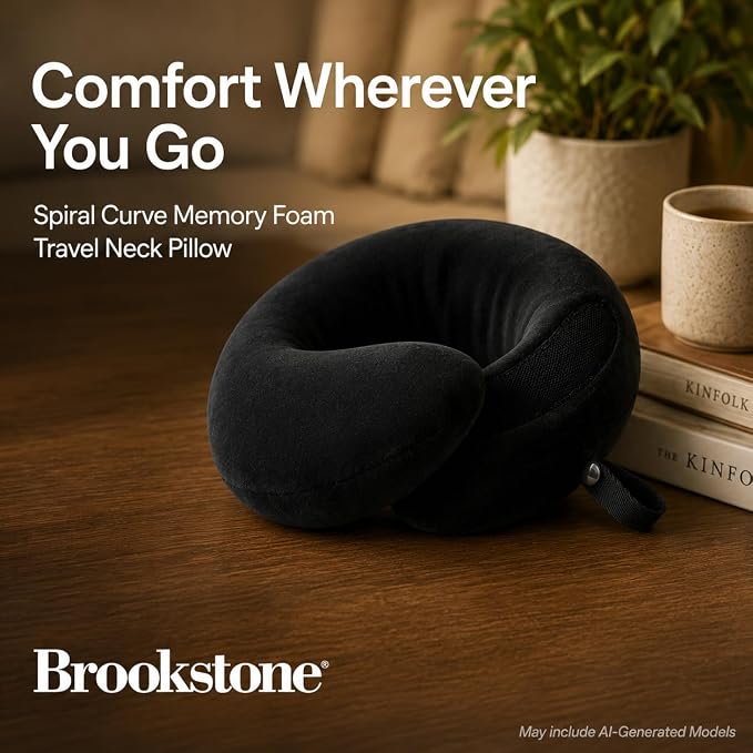 Brookstone Travel Pillow Spiral Curve Soft Memory Foam Support Pillow | Unique Shape Cradles Head, Neck & Chin While Seated Upright, Smooth Cover Feels Gentle on Skin for Long Flights - Image 7