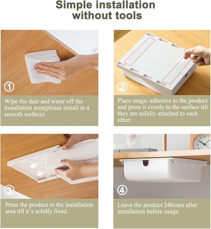 FRETONBA 2Pack Under Desk Drawer for Stationery, Adhesive Slide Out, Medium | No-Drill Mounting, Smooth Slide-Out, Space-Saving Storage Tray, Hidden Under Desk, Home & Office - Image 4
