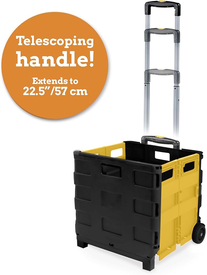 Inspired Living Ultra-Slim Rolling Collapsible Storage Pack-N-Roll Utility-carts, with Telescopic Handle, for Home, Garden, Shopping, Office, School use, Medium, Yellow & Black - Image 4