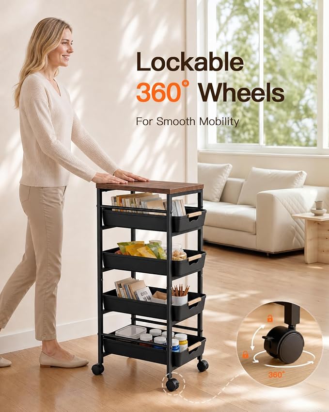 Pipishell Rolling Storage Cart with Drawers & Lockable Wheels, Black | 5 Tier Kitchen Cart with Safety Stops & Vented Design, Wood Top, Pull-Out Utility Cart for Kitchen, Home Office, Bedside - Image 5
