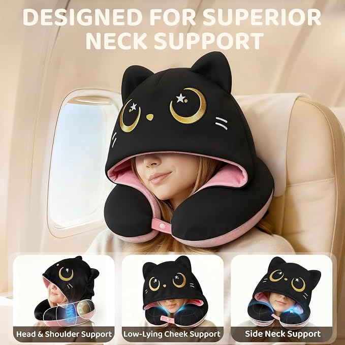 Mewaii Travel Neck Pillow, Airplane Pillow with Hood, Memory Foam, Pink | Neck Support, Reversible, Adjustable Strap, Washable Cover, Cat-Ear Hood, Storage Bag, for Flights, Adults & Teens - Image 2