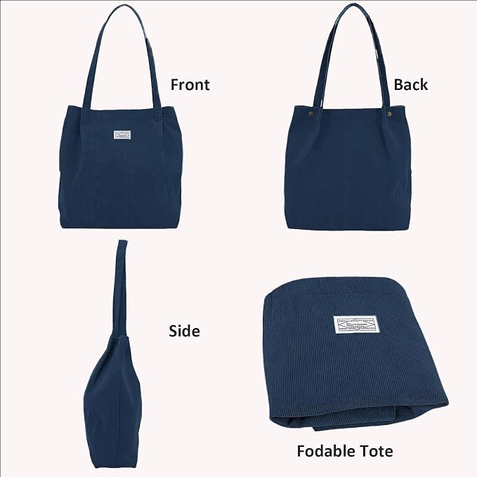 UERRUAM Corduroy Tote Bag for Women with Inner Pockets, Cute Go-to Bag | Slouchy Shoulder Bag for Everyday, Work, Books, Beach & Grocery Shopping, Lightweight Washable Foldable, Cloth Purse - Image 3