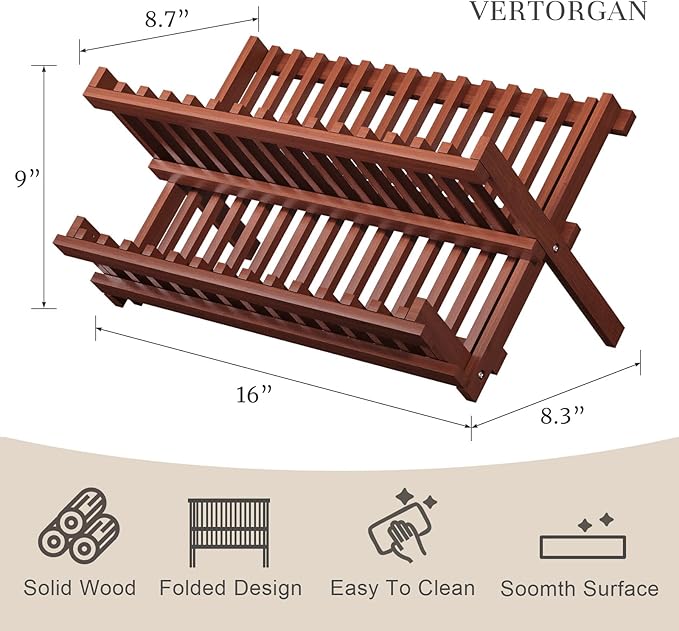 VERTORGAN Teak Dish Drying Rack,Folding Drainer for Kitchen | Foldable Spice Rack,Pantry Organization and Storage,Ventilation Hole,Quick-dry design,Space-saving fold,Multi-scene versatile - Image 2