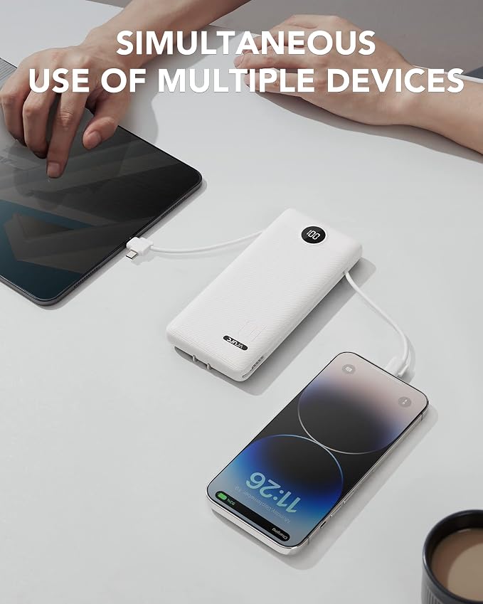 VRURC 3-in-1 Portable Charger, Built-in Cord & Foldable Wall AC Plug-White | 10000mAh Portable Power Bank, Travel Battery Pack for Smartphones, USB-C Emergency External Charger for Trip- (1 PACK) - Image 6