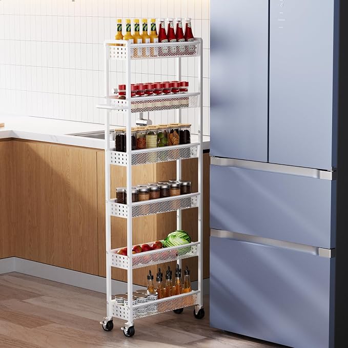 6 Tier Slim Storage Cart with Wheels, 6" D Rolling Storage Cart for Small Space, Metal Narrow Spice Cabinet Mobile Shelving Unit Organizer with Handle for Kitchen, Laundry - White by Xpatee