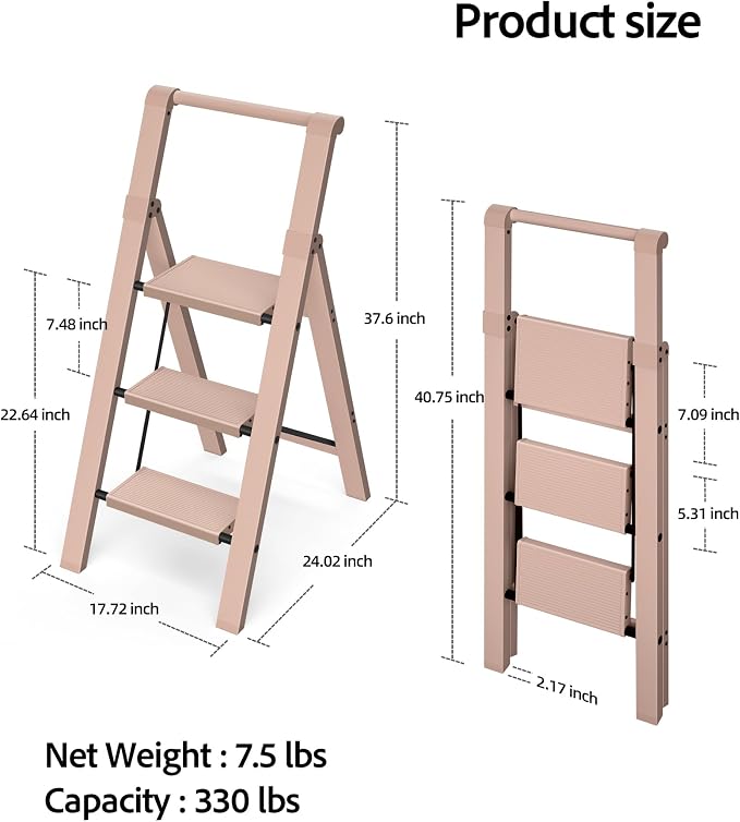 Taranta 3 Step Ladder,Aluminum Step Stool Foldable-Peach Pink | Folding Ladder with Handgrip,Wide Top Pedal,330lbs Capacity Stepladder for Home,Office,Kitchen - Image 6
