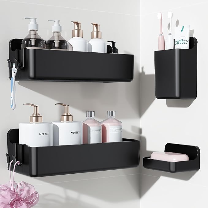 Nieifi Adhesive Shower Shelves, Black, 4 Pieces | Rustproof ABS, Large Capacity, Removable Design, Easy-Clean, No Drilling Shower Organizer for Bathroom Storage & Home Decor by Nieifi