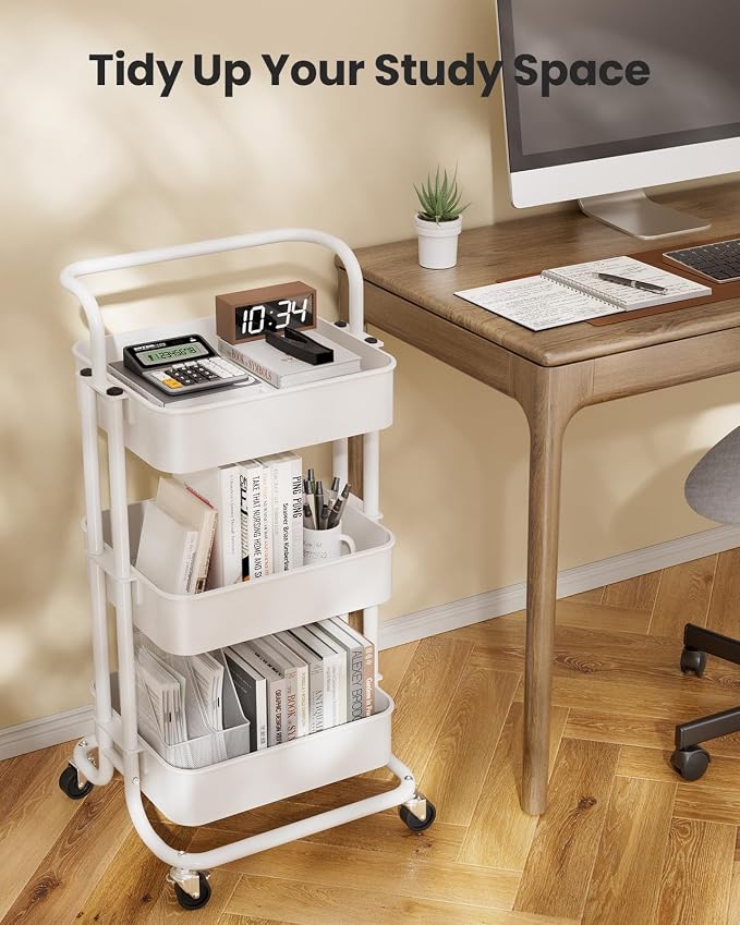 Pipishell 3 Tier Rolling Cart, Metal Utility Cart with Wheels and Handle, Rolling Storage Cart for Nursery Room, Living Room, Painting Room, Office and Kitchen, White - Image 7