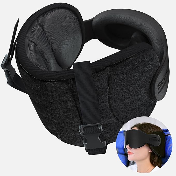SARISUN Travel Pillows for Airplanes, Stable Head Support, Travel Essential | Airplane Pillow with 3D Eye Mask, Seat Strap Secures to Headrest, for Stop Bobblehead, for Long Flight Road Trip, Black by SARISUN