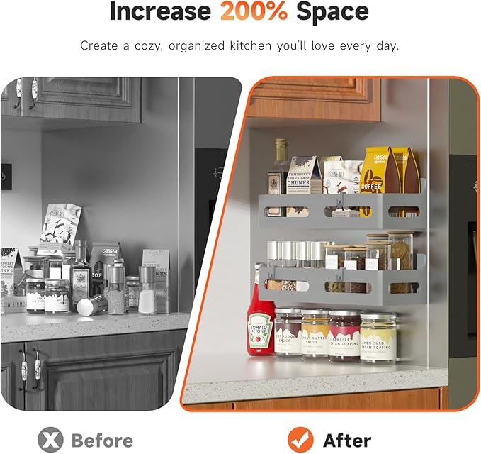 4-Pack Magnetic Spice Rack for Refrigerator with Hooks, Grey | Strong multipurpose magnetic shelf for kitchen & bathroom organization. Includes 4 removable hooks for hanging items. - Image 3