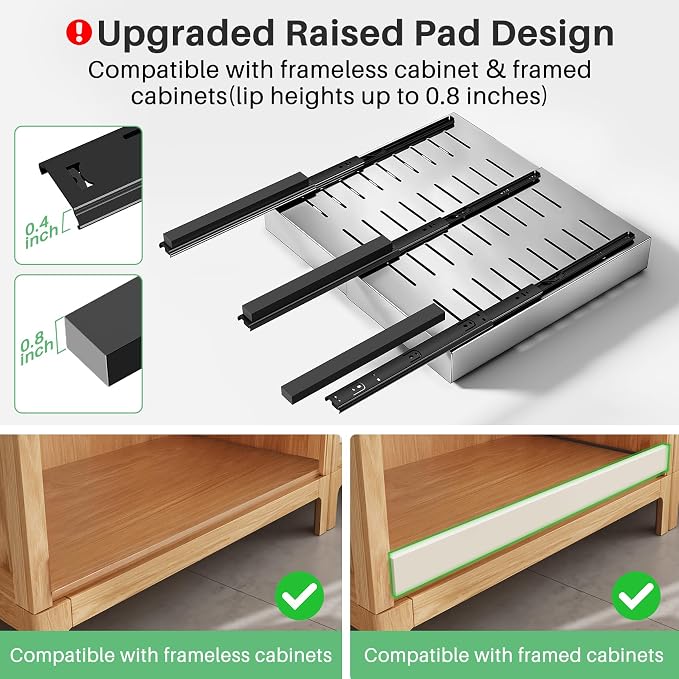 Pull out Cabinet Organizer, Stainless Steel Expandable(12"-20") Heavy Duty Slide out Drawers Fixed with Adhesive Nano Film for Pots, Roll out Shelf Storage for Kitchen Base(Silver-2pcs)(3 Rails) - Image 3