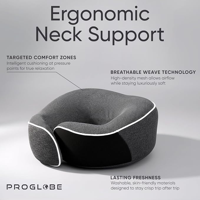 Travel Pillow, 100% Memory Foam Airplane Neck Pillow, Dark Grey | Sleeping Support Pillow for Adults, Car Travel Essentials Kit with 3D Contoured Eye Mask, Earplugs and Mesh Bag - Image 3