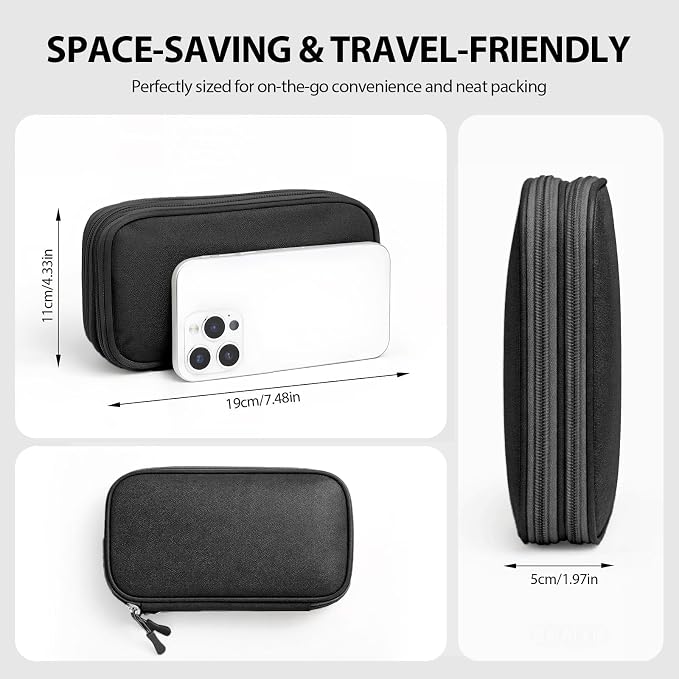 Travel Electronics Organizer Double Layer Cable Bag Black | Water-resistant Oxford fabric, 8 compartments and elastic loops. Compact design includes 8 cable ties. - Image 2