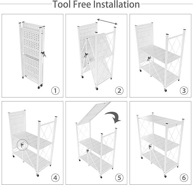 3 Tier Foldable Storage Shelf with Wheels Heavy Duty Garage Shelving | Unit Loads 550 LBS, Metal Steel Collapsible Shelves, Rolling Standing Utility Rack for Kitchen, Pantry, Office, White - Image 7