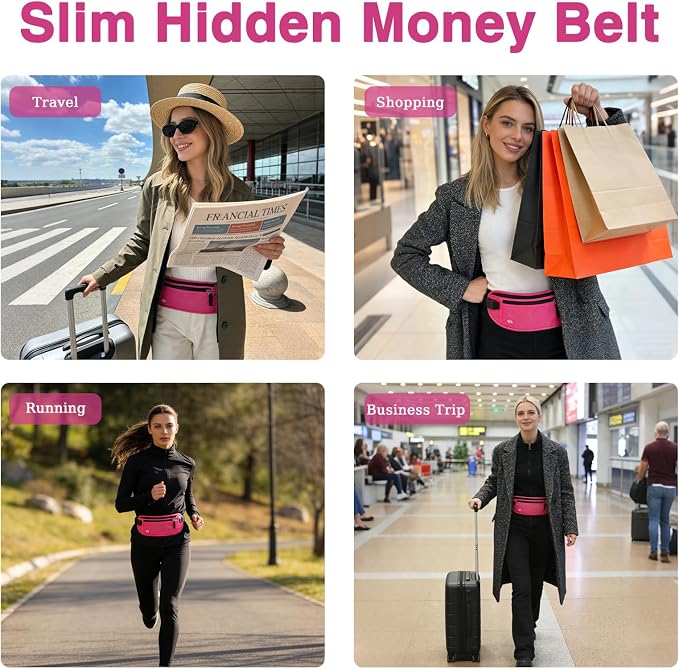 FuninCrea Waterproof Hidden Money Belt for Travel, Anti-Theft Belt Bag with RFID Blocking Function Adjustable Slim Waist Bag with 2 Zipper Pockets & 1 Back Pocket for Travel Running (B, Hot Pink) - Image 5
