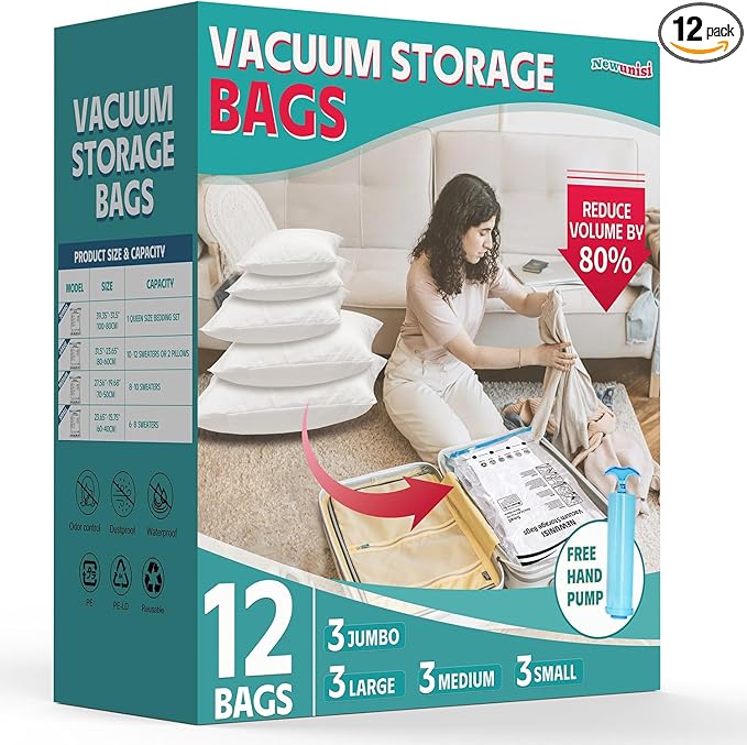 Vacuum Storage Bags, 80% Space Saver Bags for Clothing, Travel, Blankets, Comforters—Compression Bags with Hand Pump, 12 Combo by NEWUNISI
