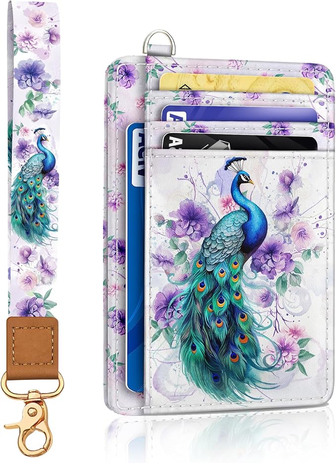 Yonlevres Peacock Credit Card Holder Slim RFID Wallet Women Wristlet Small | Front Pocket, Handy, RFID Blocking, Woman Girls Ladies Gifts, D-ring for Keychain,Thin Mini Card Case, ID Window, PU Leather by Yonlevres