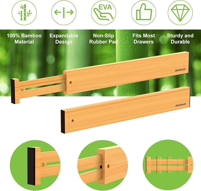 Bamboo Drawer Dividers, Expandable Drawer Separators Splitter, 17-22 inches Adjustable Spring-loaded Organizer for Large Utensil, Clothes, Tools Drawers, 6 Pack Dividers + 4 Pack Baffle - Image 3
