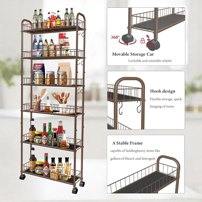 6in 6-Tier Slim Storage Cart with Wheels, Metal Narrow Rolling Shelf, Sturdy Slim Storage with Hooks Ideal for Kitchen, Bathroom, and Laundry Room (Champagne Gold) - Image 6