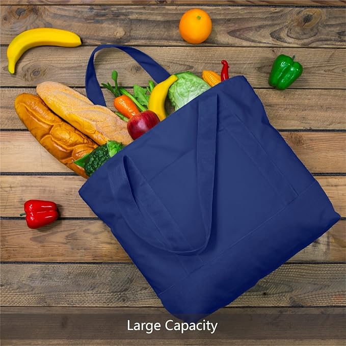 TOPDesign 3-Pack Canvas Tote Bags with an External Pocket, Reusable Grocery Shopping Bags, Top Zipper Closure, Daily Essentials (Blue) - Image 4