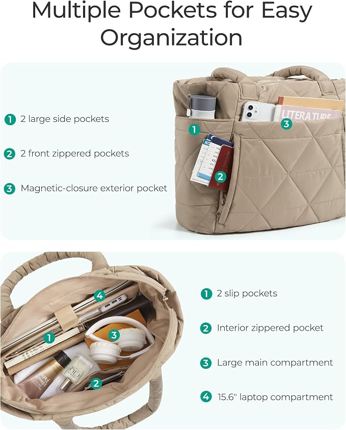BAGSMART Tote Bag for Women, Puffer Tote Bag with Zipper, Large Quilted Shoulder Bag with Compartments for Travel, Work, Gym - Image 7