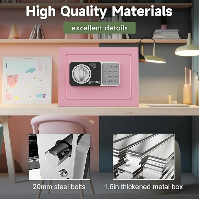 Small safe box with key,Kids mini safe for money, coin safes for home with code，0.236 Cubic Feet Pink - Image 2