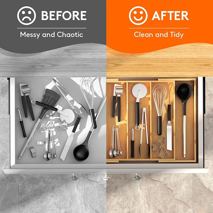 Lifewit Bamboo Utensil Organizer for Kitchen Drawer, Cooking Utensil Tray | Expandable Cutlery Silverware Flatware Holder, Wood Adjustable Spatula Tools Storage Divider, 12.6-22.8 x 14", Natural - Image 10