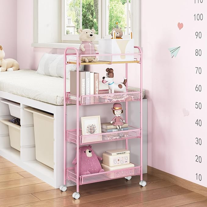 TOOLF 4-Tier Slim Rolling Cart, Metal Storage Cart with Wooden Tabletop and Mesh Baskets for Narrow Space on Kitchen Bathroom Laundry Room Bedroom Apartments Dormitory - Image 7