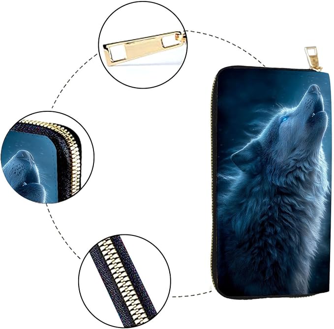 Women's RFID Blocking PU Leather Zip-Around Wallet, Large Capacity Clutch with Phone Holder, Travel Purse & Card Organizer with Removable Wristlet,Wolf - Image 4