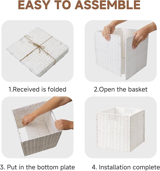 StorageWorks 13 inch Wicker Storage Baskets, White Wicker Baskets, Foldable | 2-Pack,Handwoven Baskets for Organizing,Paper Rope Square Storage Cubes,Organizer Baskets,Wicker Storage Cubes,Square Baskets - Image 8