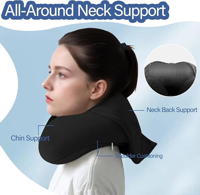 Travel Neck Pillow with Hood Memory Foam for Airplane | Ergonomic Neck Support,Adjustable Drawstring,Light Blocking Design,Removable Cover,Long Flight Comfort,Black - Image 4