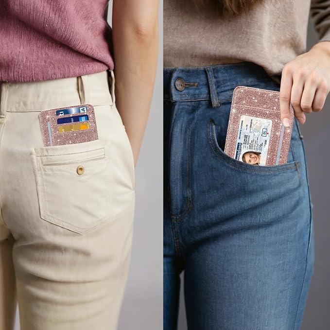 HOTCOOL Card Holder Wallet Front Pocket Minimalist Travel Cute Funny Thin Leather With RFID Blocking Small Credit Card Holder Wallet for Men & Women Girls Organizer Gifts, Glitter Rose - Image 7