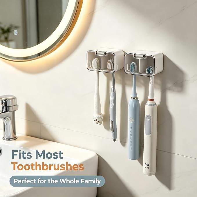 Toothbrush Holder Wall Mounted with Pop-Up Waterproof Cover, 2 Slots & Ventilated, No-Drill Adhesive Bathroom Organizer, Detachable Easy Clean, Fits Most Manual & Electric Toothbrushes (2pc Grey) - Image 7