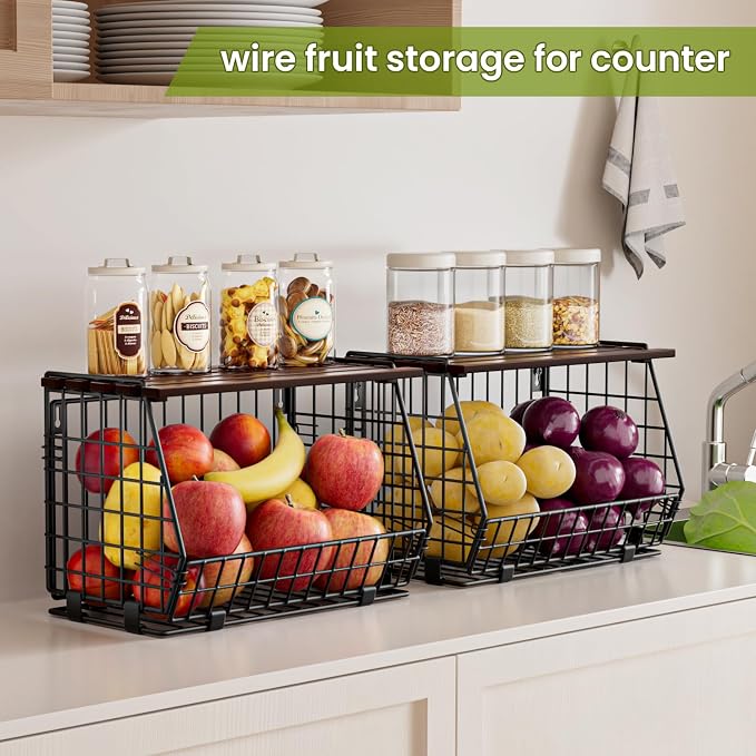 Hanging Fruit Basket for Kitchen, 3 Pack Vegetable Produce Basket | Wall Mounted & Countertop Wire Storage Basket for Potato Onion Fruits Vegetables, Pantry Organizers Storage - Image 2
