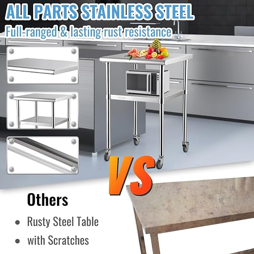 VEVOR Stainless Steel Prep Table, 24 x 24 x 33.5 Inch, 600lbs Load Capacity Heavy Duty Metal Worktable with Adjustable Undershelf & Universal Wheels, Commercial Workstation for Kitchen Garage Backyard - Image 5
