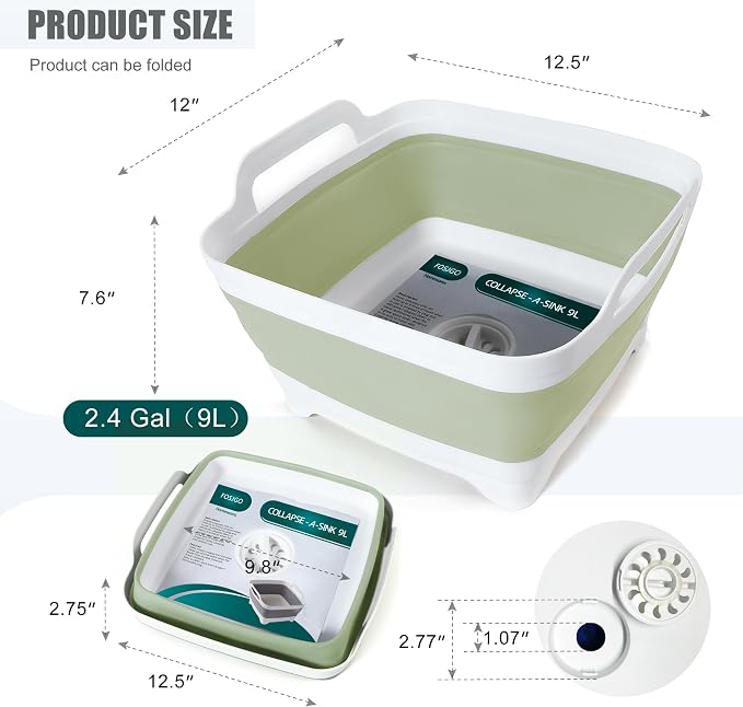 FOSJGO Collapsible Dish Basin with Drain Plug, Foldable Sink, 2.4 Gal (9L) | Space-Saving Wash Basin for Kitchen, Baby Bottles, Vegetable Washing, Camping, RV and Party Beverage Tubs - Image 2