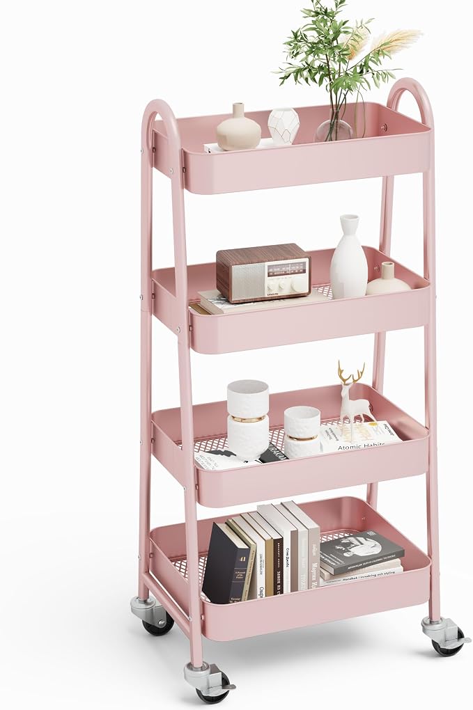 NEWBULIG 4-Shelf Metal Rolling Storage Utility Cart with Lockable Wheels | Mobile Organizer Shelf, Space-Saving, Freestanding, Bathroom, Living Room, Slim, Narrow Corner Spaces, Pink by NEWBULIG