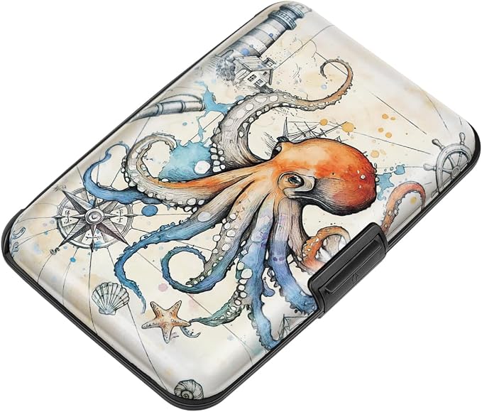 Coco Rossi Credit Card Holder RFID Aluminum Small Mini Wallet Women | Metal Wallet, Business Cards Holder, ID Case, Slim Sleeves, Womens Girls Gift, Carry Proof Wallets for Travel, Octopus by Coco+Rossi